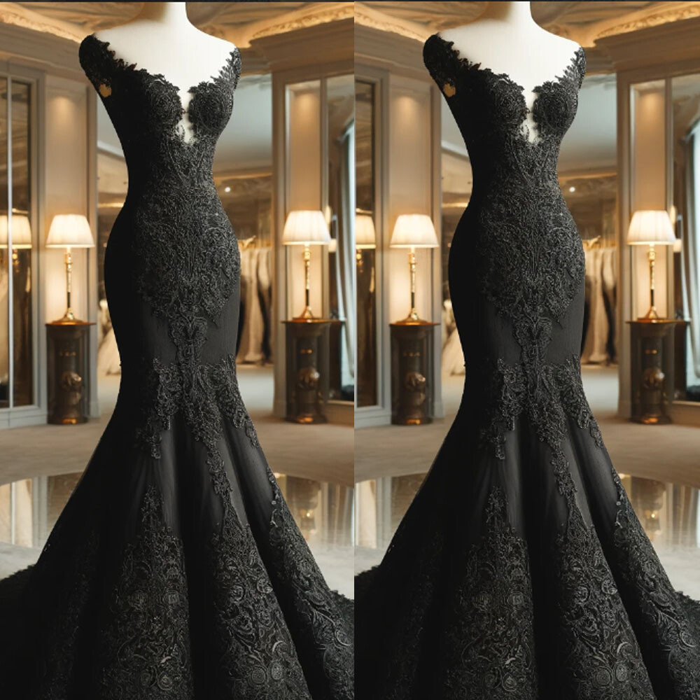 Gothic Black Mermaid Wedding Dresses Lace Appliques Off Shoulder Deep V Neck