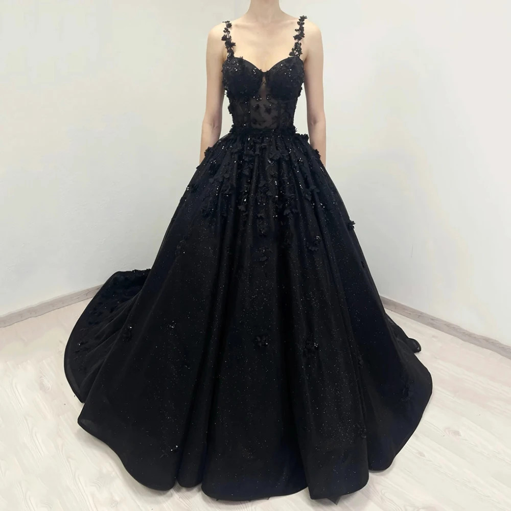 Luxury Black Wedding Dress Customiz Spaghetti Straps Sweetheart Sparkling Flower