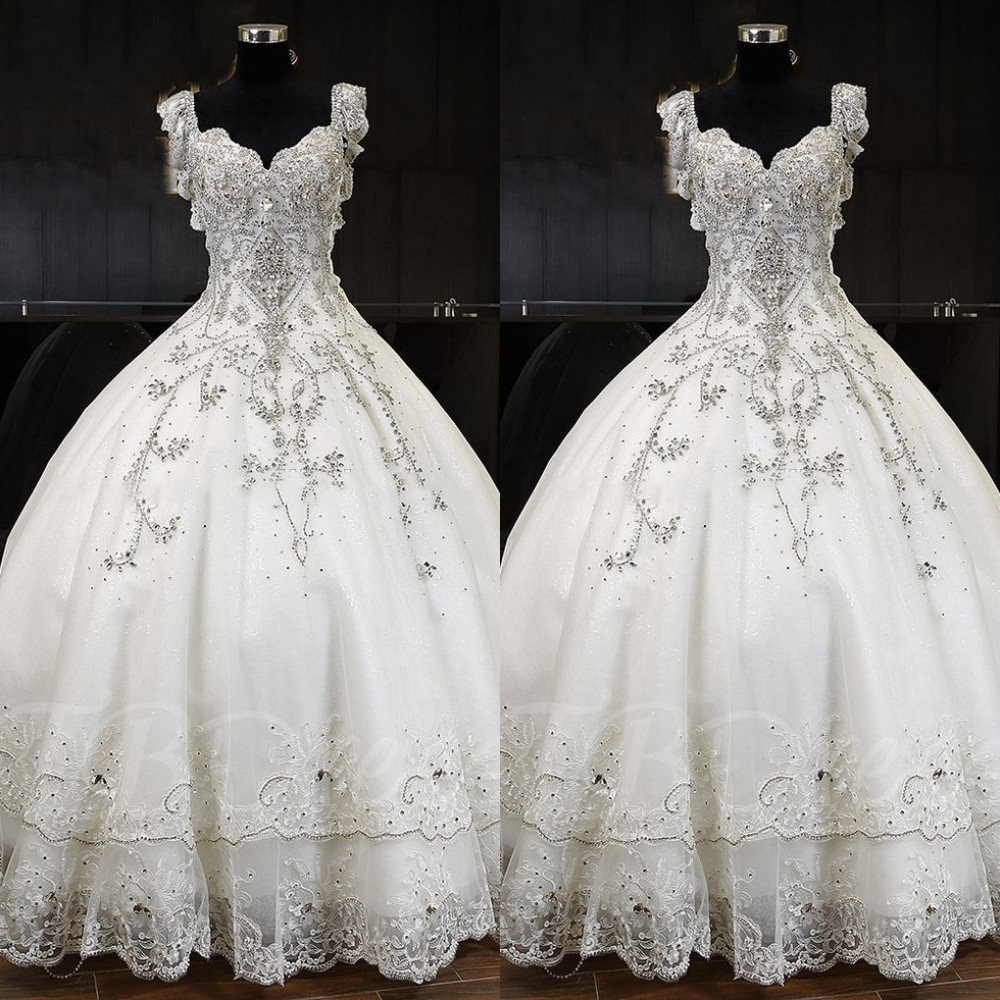 V-neck Crystal Beaded Lace Ball Gown Wedding Dresses Cap Sleeve Bridal Gown