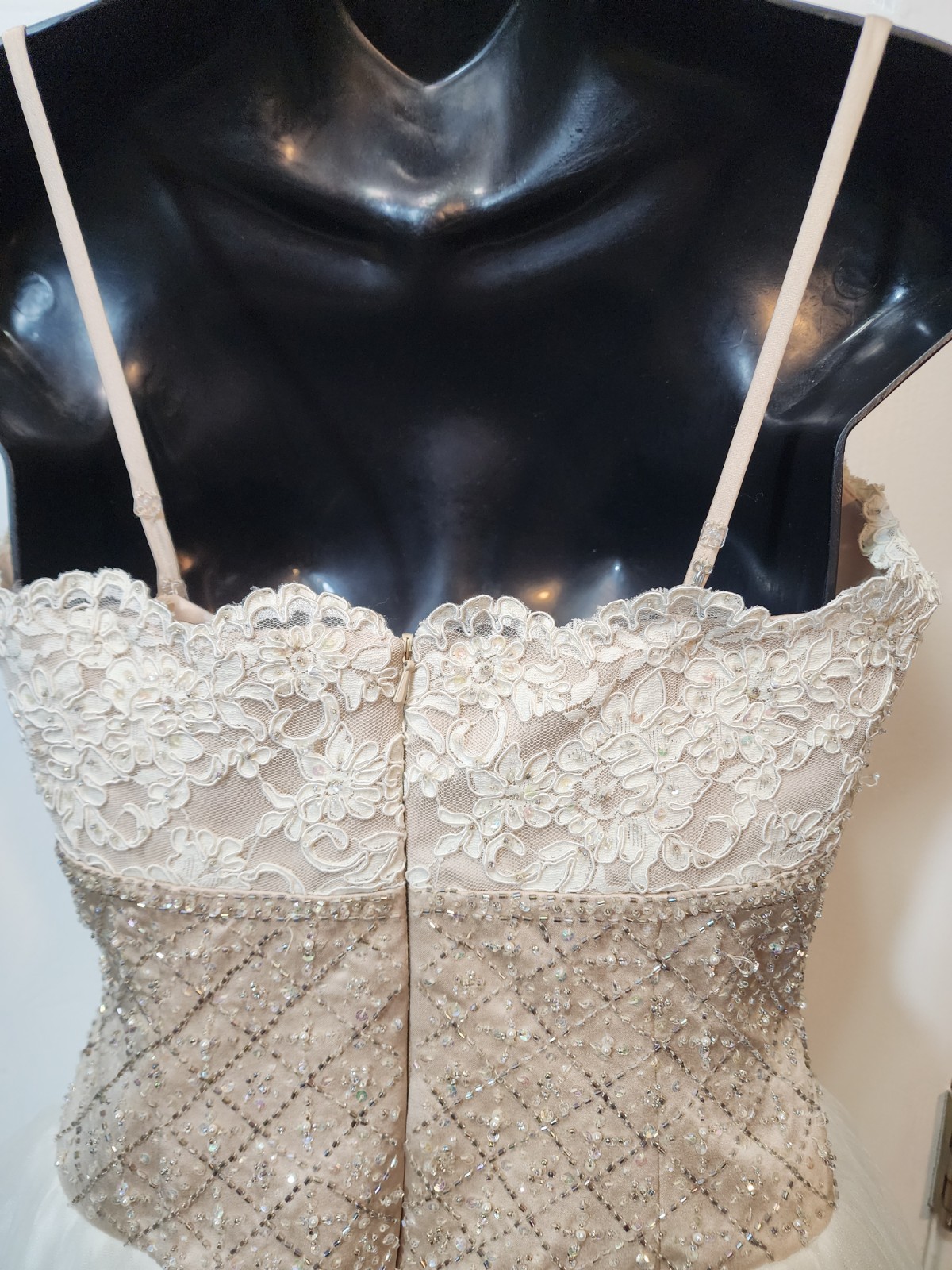 White tulle and lace gown with a gold beaded bodice David’s Bridal Size 8