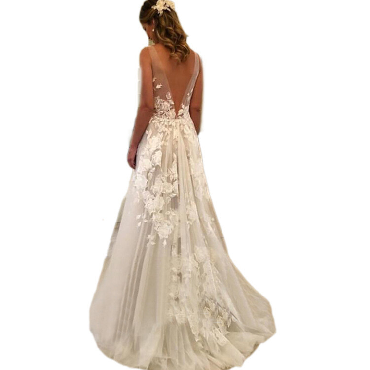 Boho Wedding Dresses V-Neck Backless Lace Applique A Line Bridal Gowns Custom