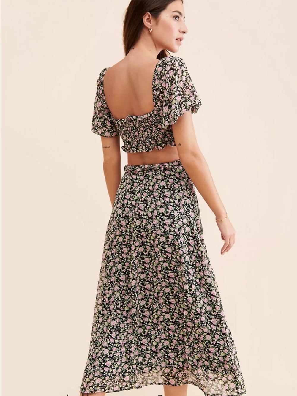 Astr Floral Cutout Midi Dress in Black and Pink
