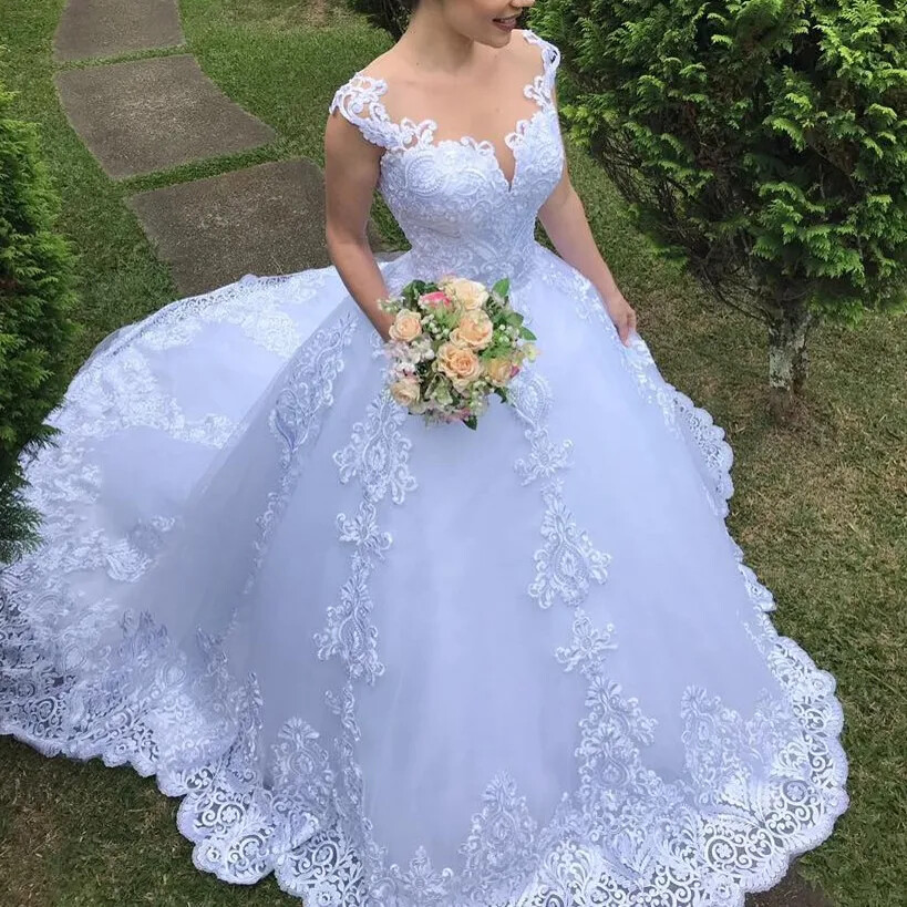 New White/Ivory WeddingDresses V-neck Lace Applique Train BridalGown Custom Size