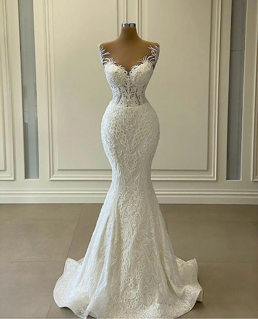 Mermaid Wedding Dresses with Detachable Train Ruffles Lace Appliqued Bridal Gown