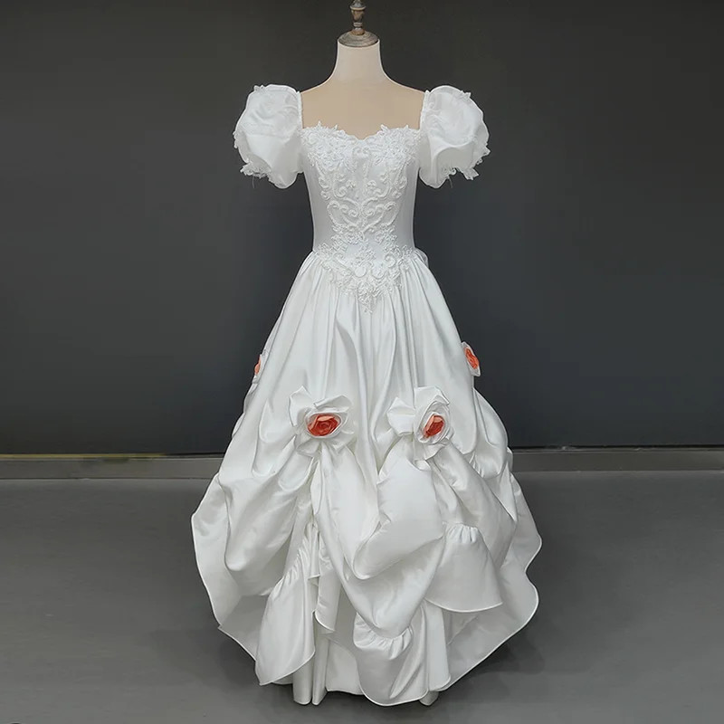 White Satin Pink Rose Flower Princess Sweetheart Puff Sleeve Ruffles Beading