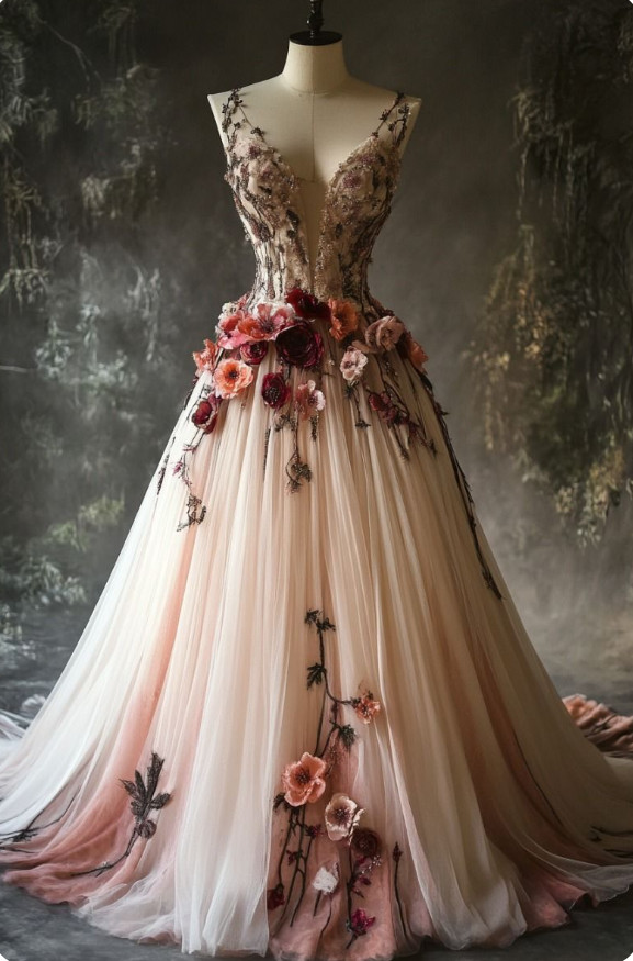 Vintage Light Pink Wedding Dresses with 3D Flowers A Line Tulle Bridal Gowns