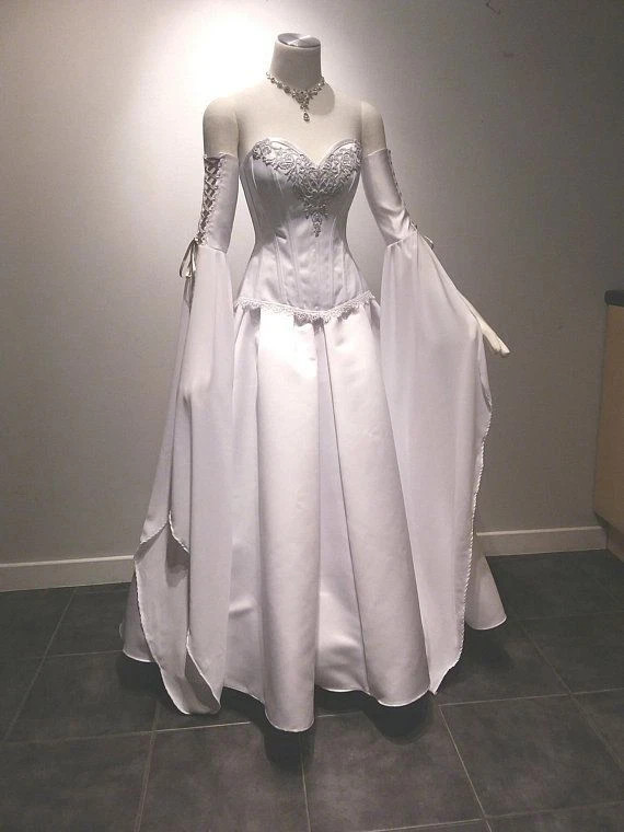 Chiffon Celtic Wedding Dress Strapless Detachable Long Bell Sleeve Bridal Gown