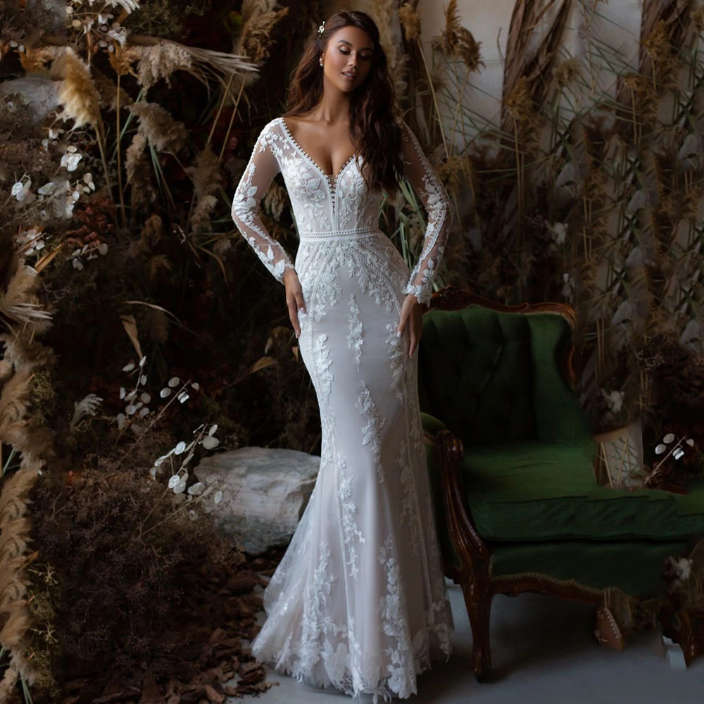 Classic Lace Mermaid Wedding Dress Sexy Double V Neck Long Sleeves Appliques