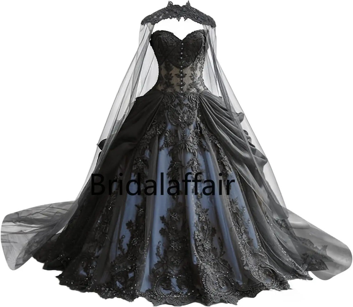 Gothic Weeding Dresses Lace Applique Bridal Dresses Tiered Tulle with Cape