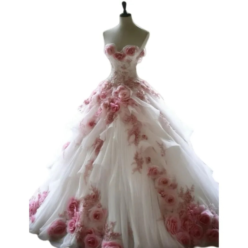 White And Pink A-Line Wedding Dresses With Pink 3D Flowers Appliques Lace