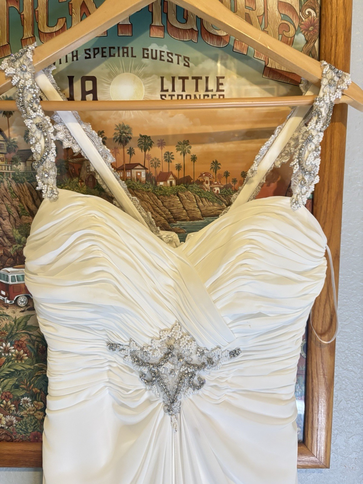 Pronovias Ivory Chiffon Sweetheart Sheath Ruched Beaded Wedding Dress 2 Zip