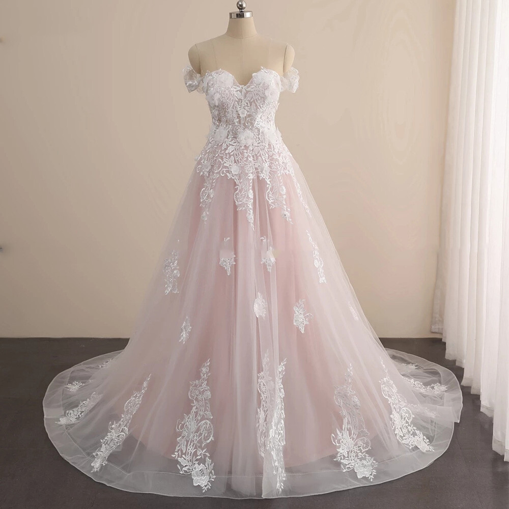 Pink Lace Wedding Dresses 3D Flowers Beaded Off Shoulder Bridal Gown Sweep Train