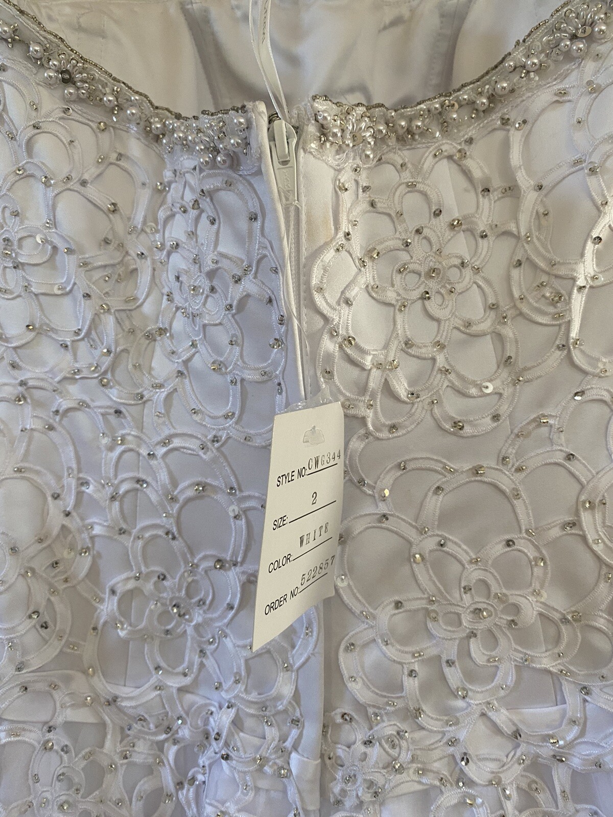 Oleg Cassini White Wedding Dress CWG344 Strapless Beaded Ruffle Satin Tulle Sz 2