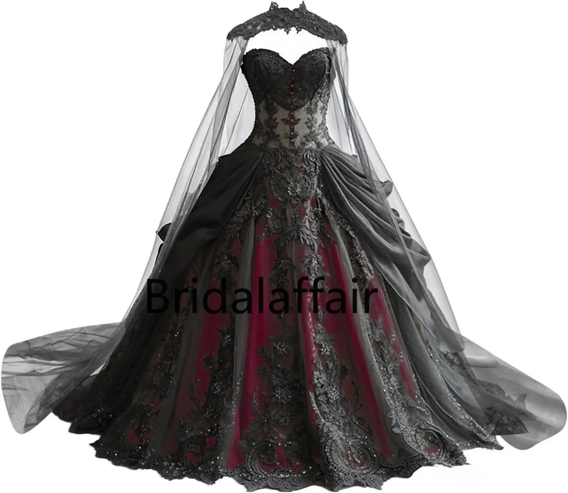 Gothic Weeding Dresses Lace Applique Bridal Dresses Tiered Tulle with Cape