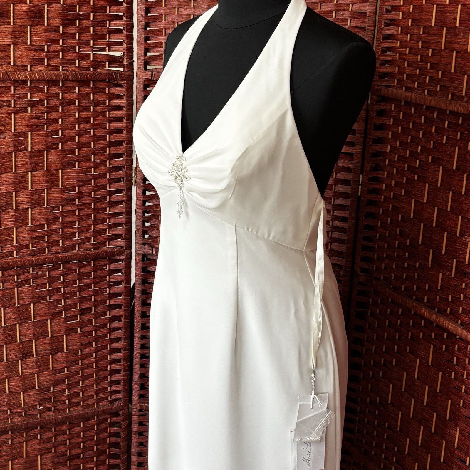 Mori Lee White Halter Wedding Dress Sz 14 A-Line Open Back Empire Bridal Gown