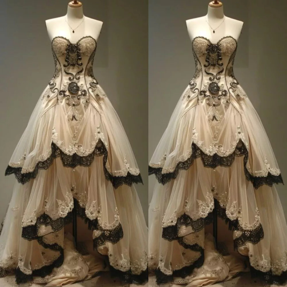 Vintage Champagne Wedding Dress Strapless Ruffled Full Length Tulle Bridal Gown