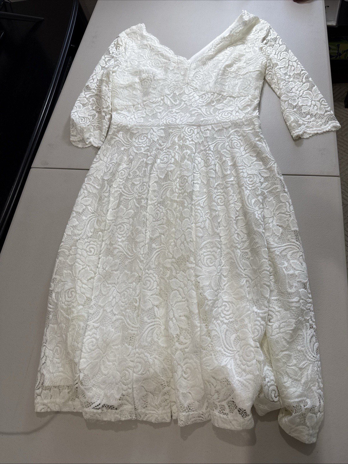 Wedding Lace White Dress Size XL Vow Renewal White 3/4 Sleeve Mid calf Length