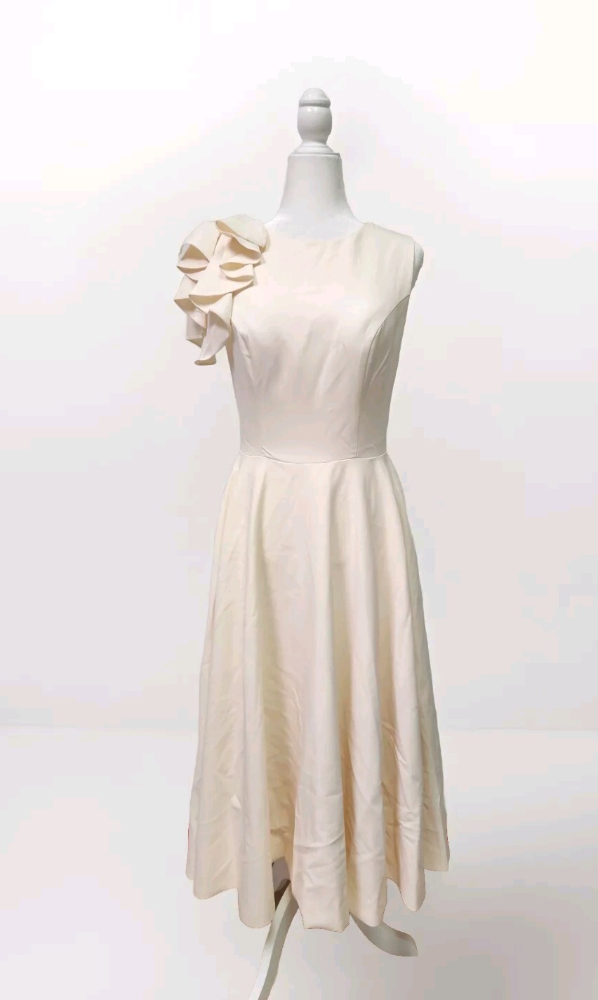 LT Lanting Bride Ivory Tea Length Ruffle Shoulder Wedding Dress Size 10 NWT