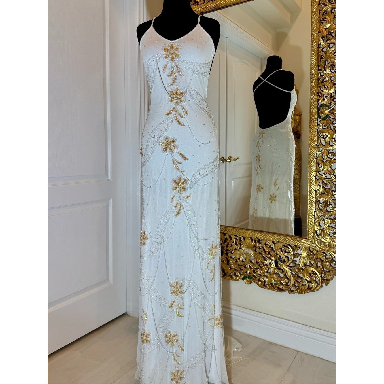 Elegant White hand Beaded Spaghetti Strap gown stretch, fabric stunning