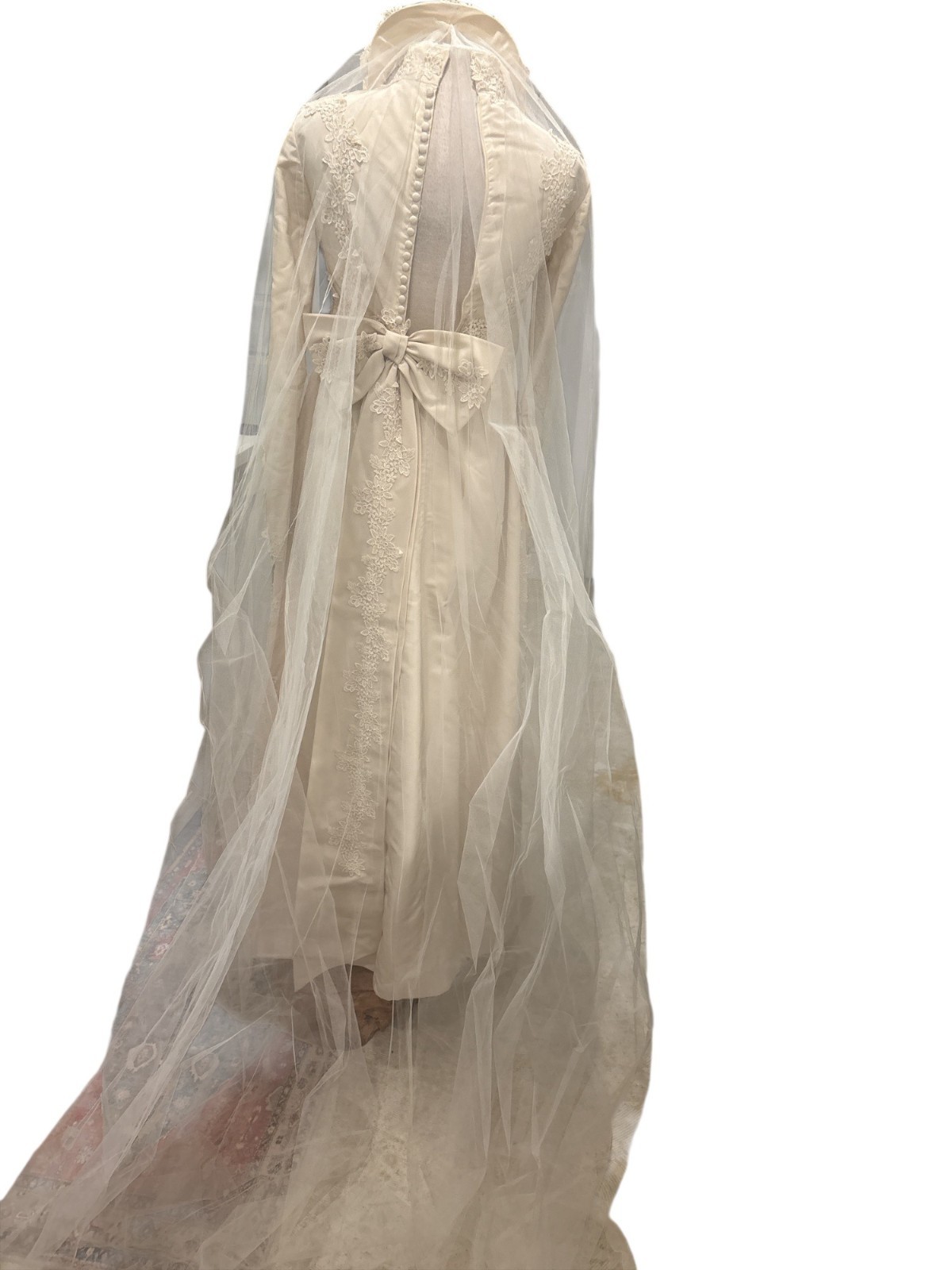 Vintage Ivory Lace Bridal Gown w/ Attached Veil | Long Sleeve High Neck Wedding