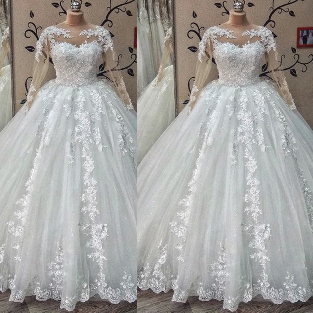Romantic Princess Wedding Dress Long Sleeve Lace Applique Scoop Neck Bridal Gown