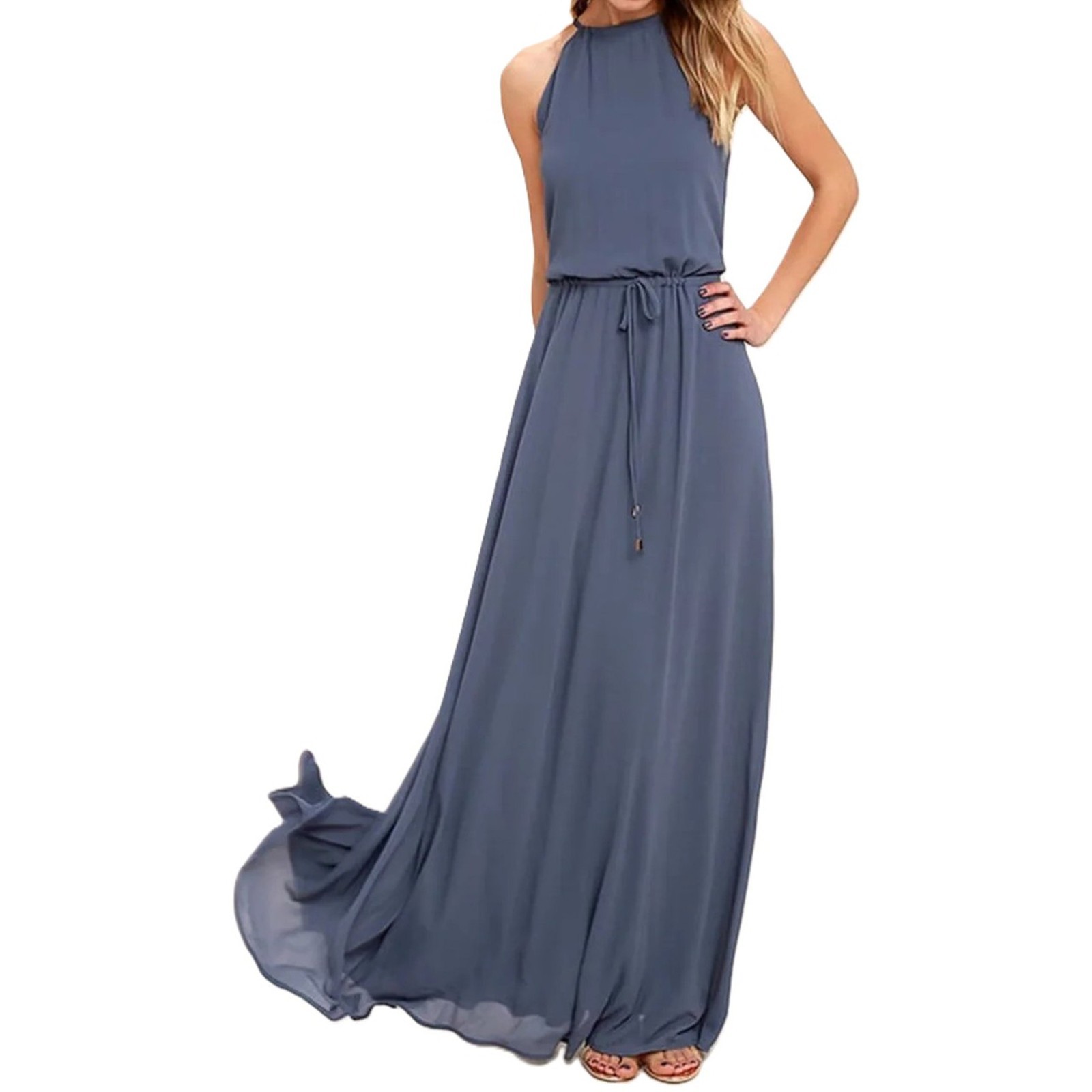 Lulus Be Mellow Chiffon Tank Maxi Dress Halter Neck Blue Size Medium NWT