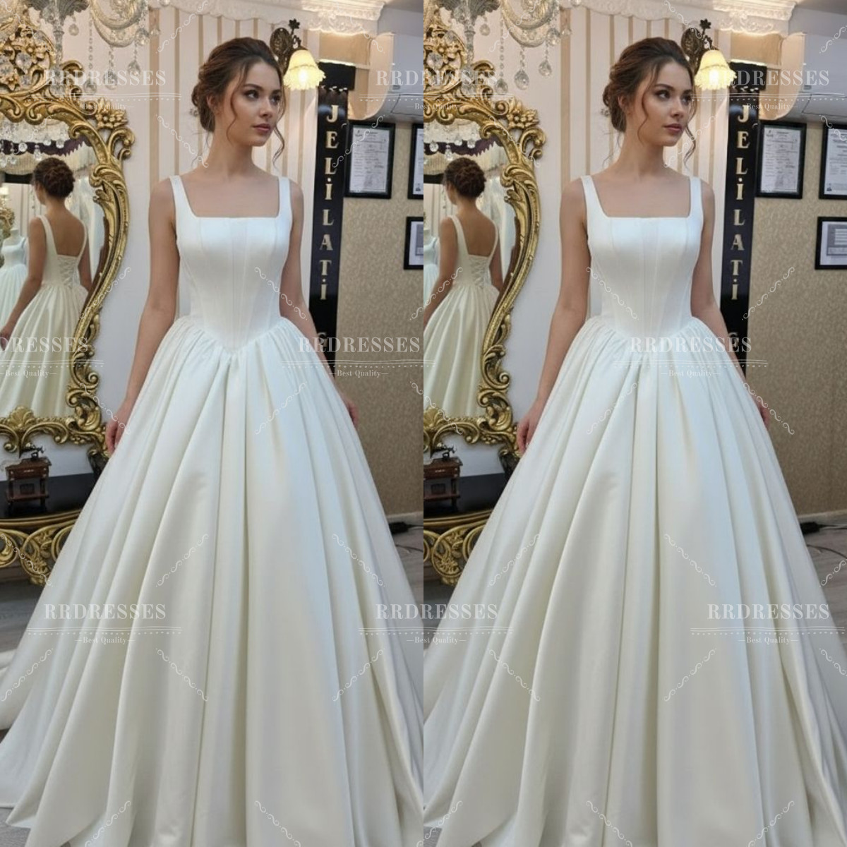 Elegant Wedding Dresses Square Neck Satin Sweep Train Simple Bridal Gowns