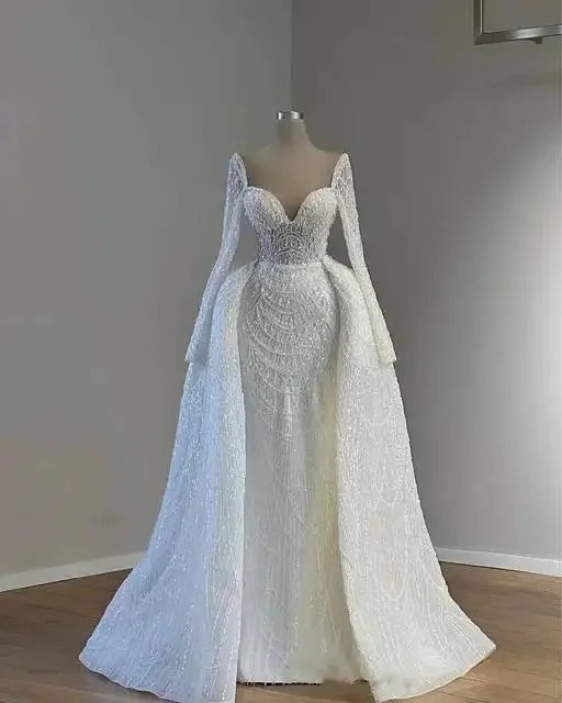 Custom White Mermaid Wedding Dresses With Detachable Train Long Sleeves Pearls