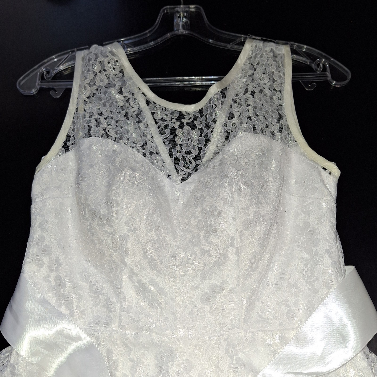 XS Lace Wedding Formal Cocktail Confirmation Homecoming Dress White w Ivory Trim