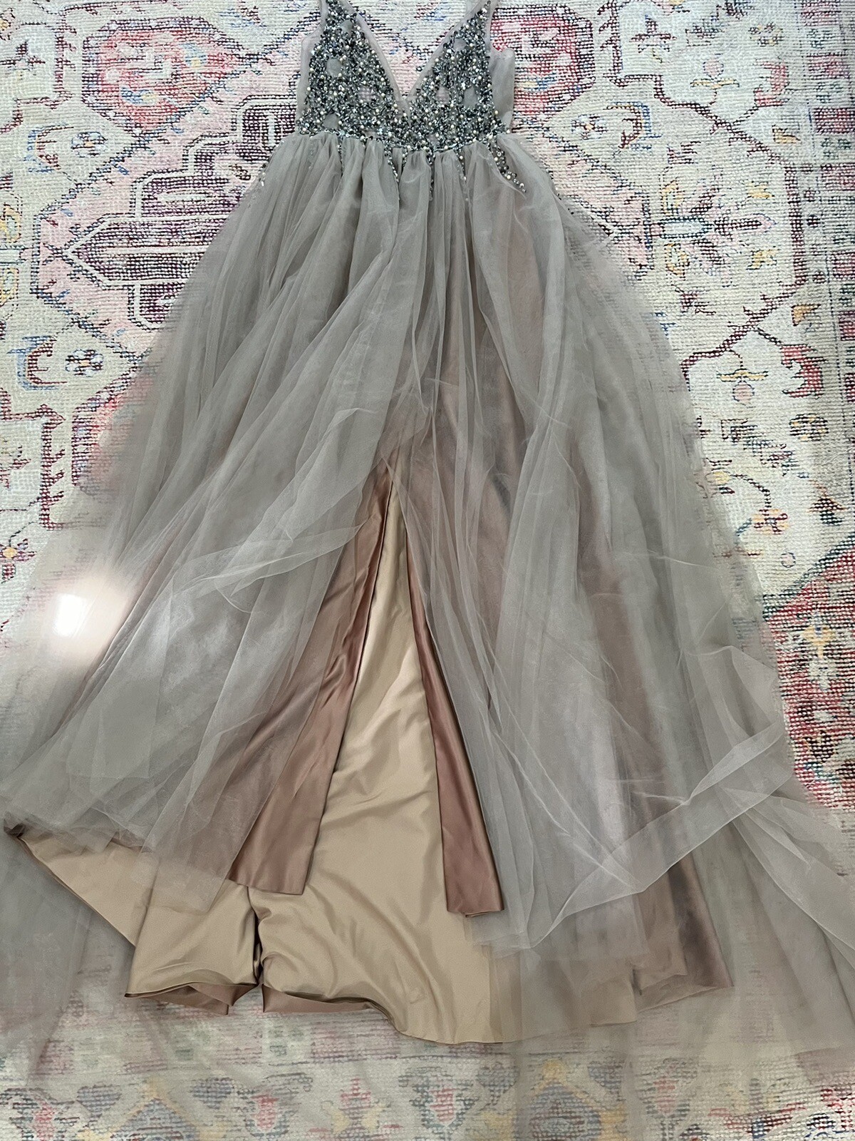 Boho Pearl and Sequin Taupe Tulle Wedding Dress with Slit Bridal Formal Gown