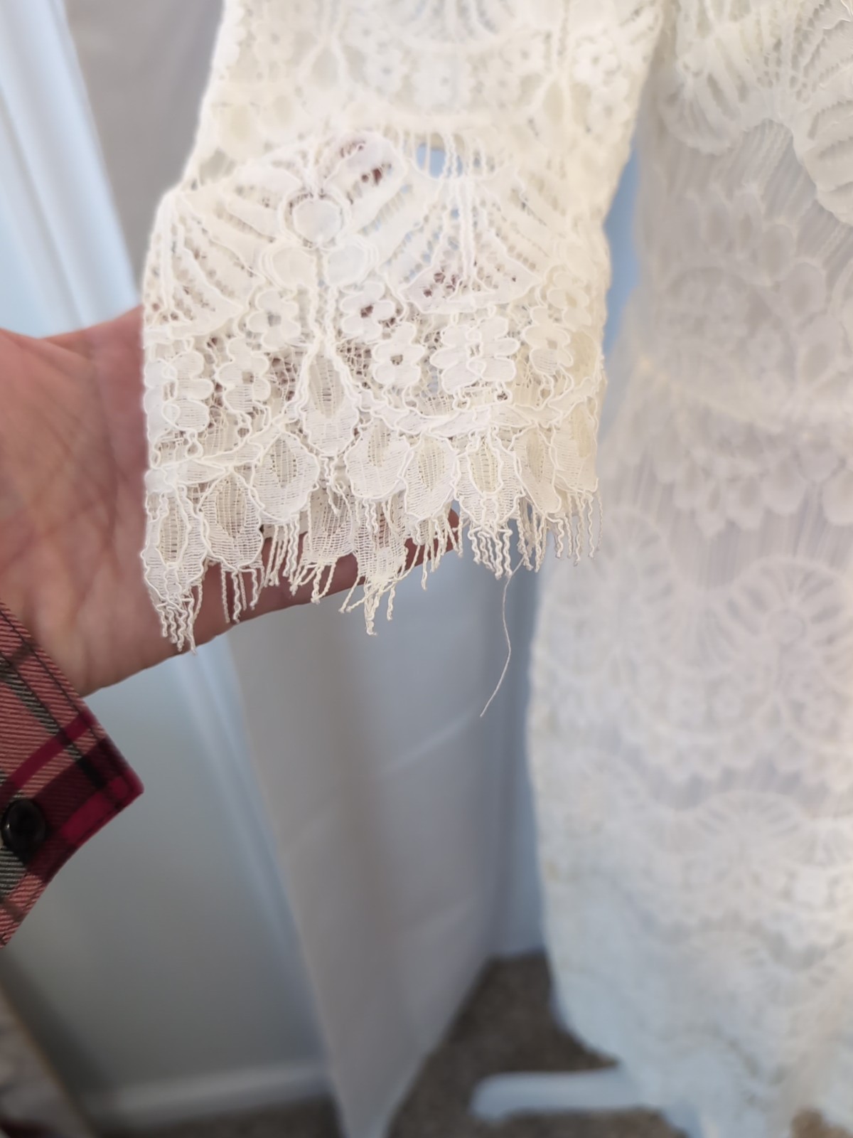 DB Studio David’s Bridal Short Lace Overlay Ivory Wedding Dress 3/4 Sleeve Sz 4