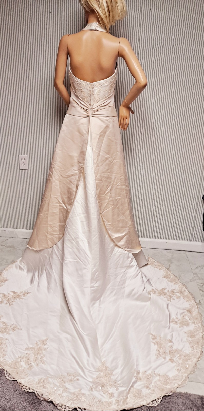 💖Vintage Davids Bridal Ivory Halter Neck Beaded Formal Wedding Dress Size-8