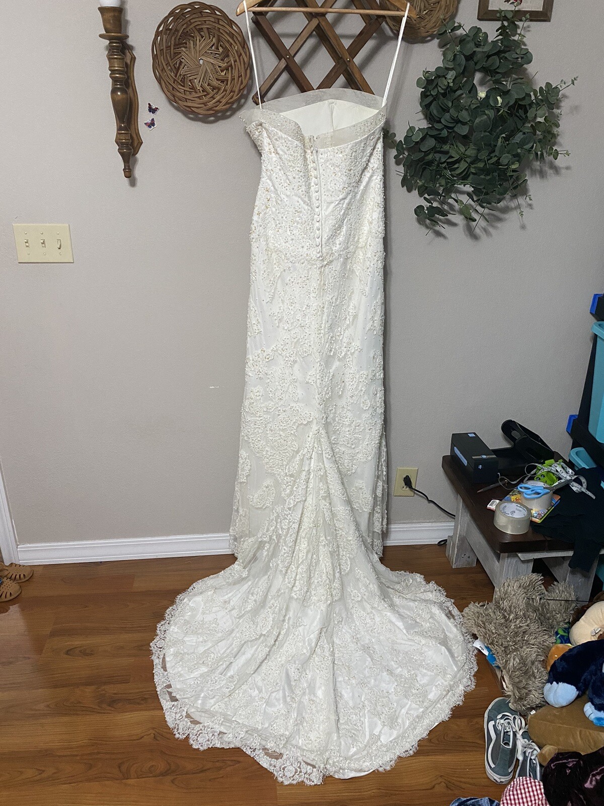 MORI LEE white straight neckline strapless gold beaded appliqué wedding dress 12