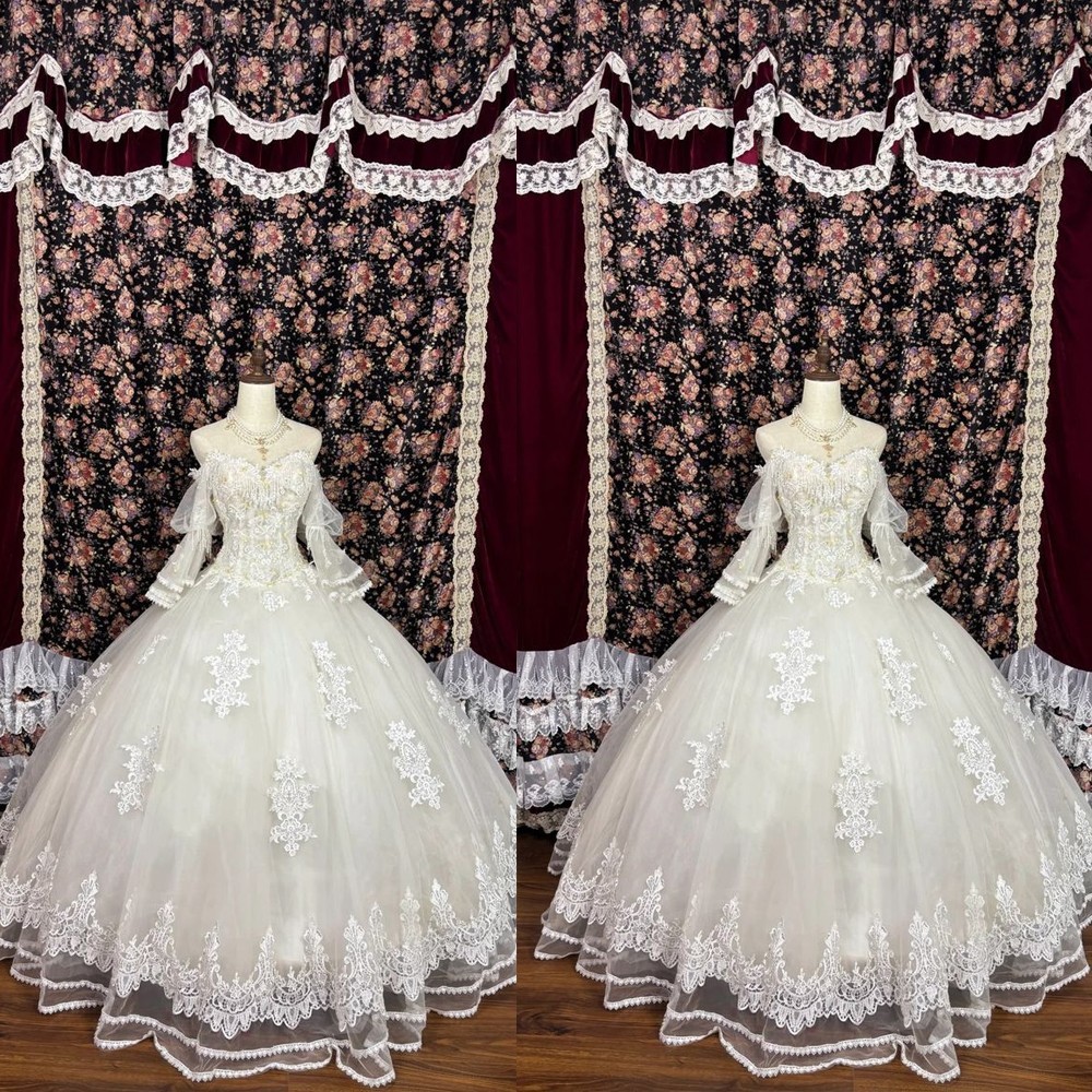 Strapless Wedding Dress with Puff Sleeve Lace Applique Sweep Train Bridal Gown