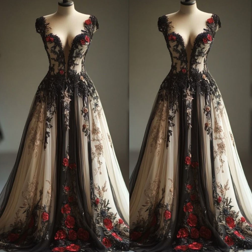 Vintage Gothic Black and Champagne Wedding Dresses with Florals Bridal Gowns
