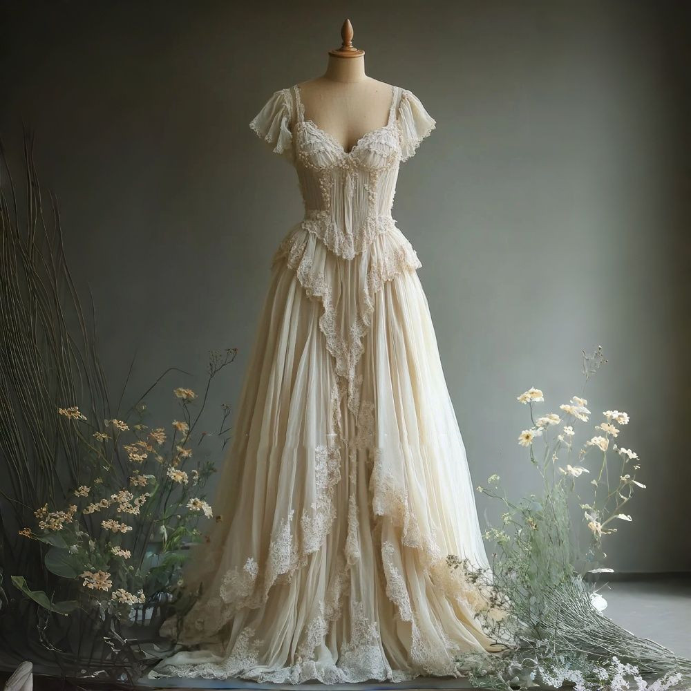 Champagne Wedding Dresses Cap Sleeves Full Length Ruffles Vintage Bridal Gowns