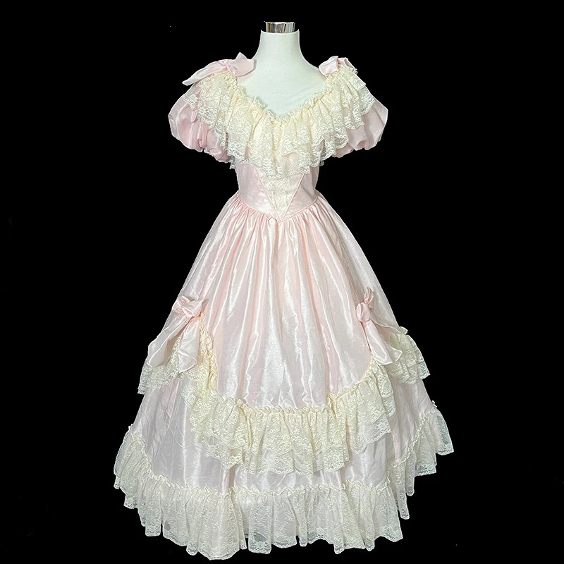 Princess red Simulated silk double palace satin white flowers lace Vneck big bow