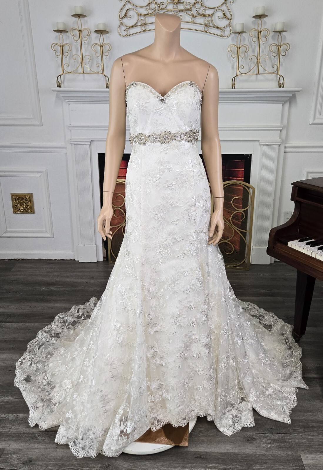 Unbranded White Fit n’ Flare Rhinestone Belt Sweetheart Lace Wedding Dress sz 14