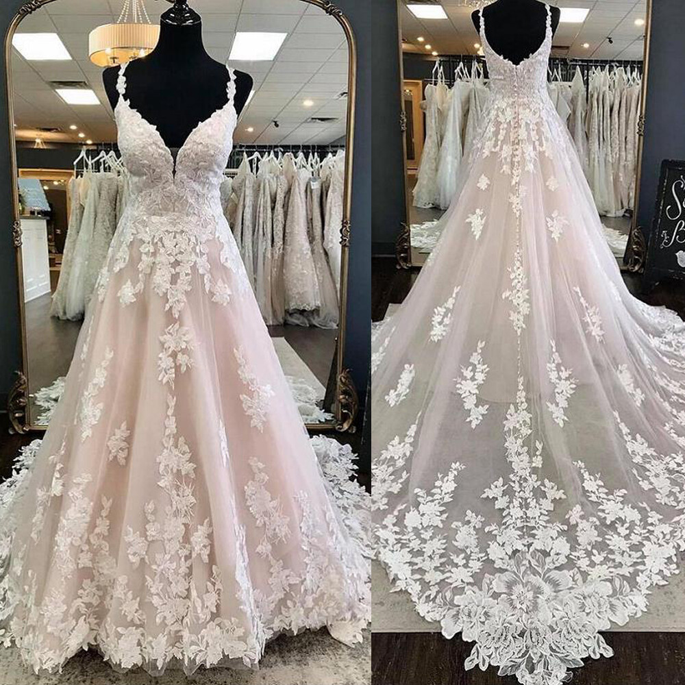 V Neck Lace Wedding Dresses Spaghetti Straps Backless Sweep Train Bridal Gowns