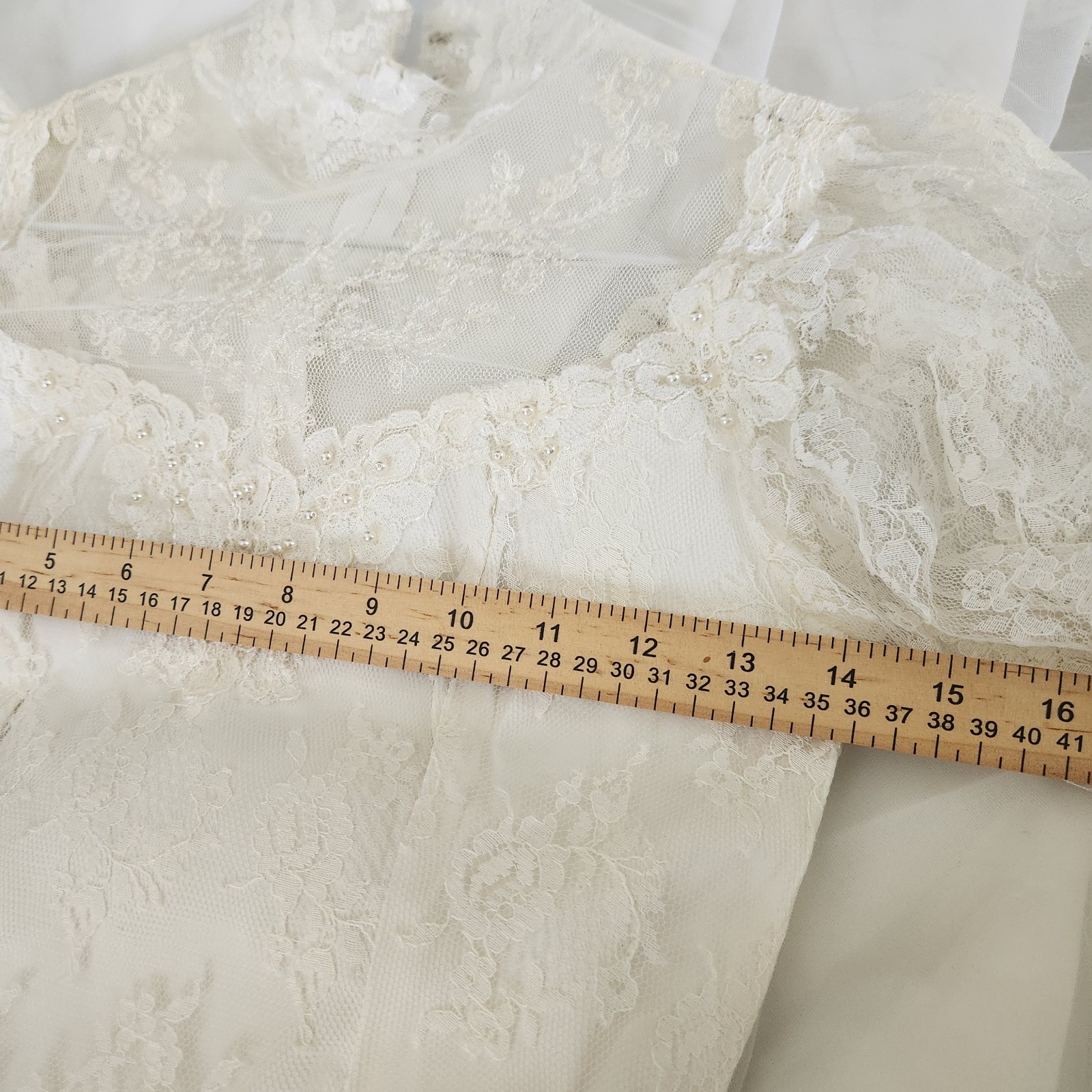 70s Edwardian Style Hi-Neck Puff Sleeve Ruffled Tiered Lace Hem Wedding Dress XS