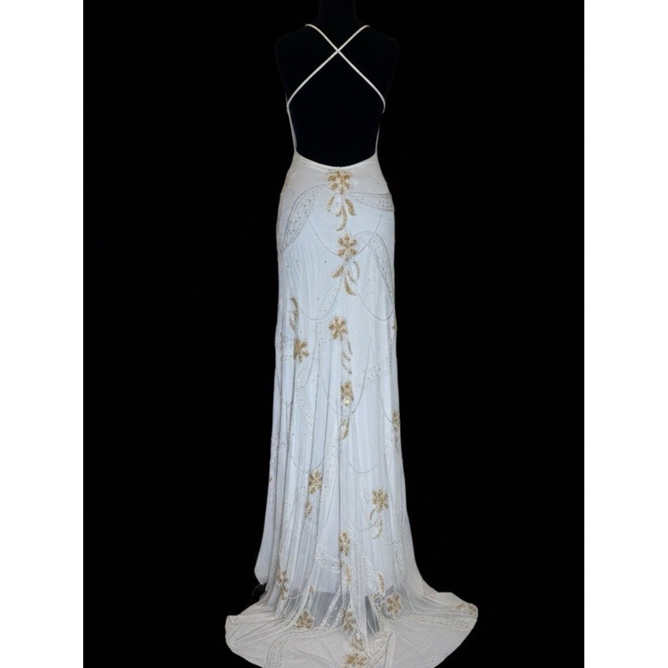 Elegant White hand Beaded Spaghetti Strap gown stretch, fabric stunning