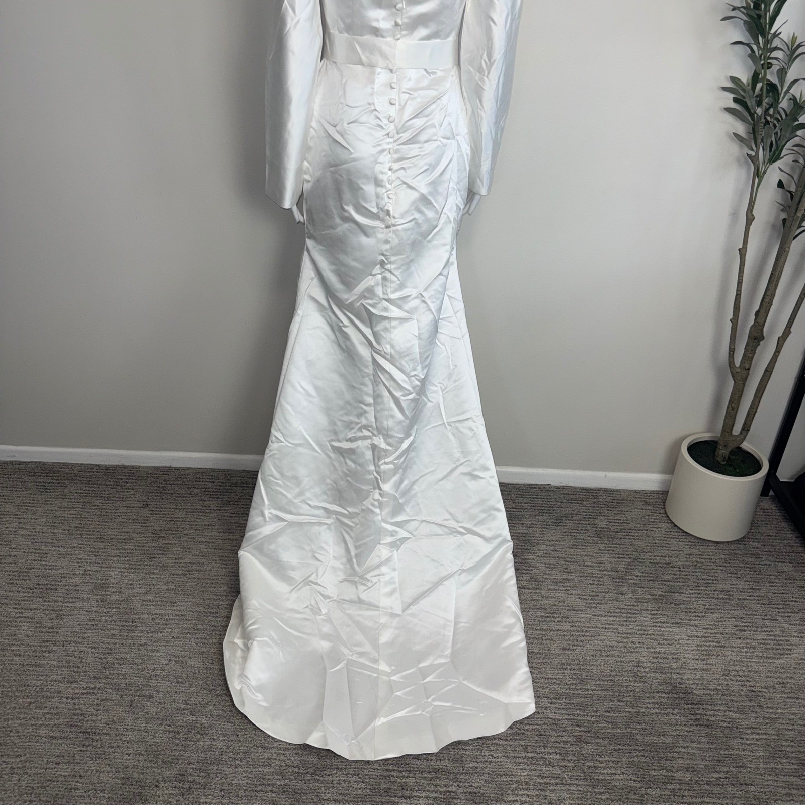Hebeos White Satin Wedding Gown Square Neck Open Back Mermaid Bridal Dress XS