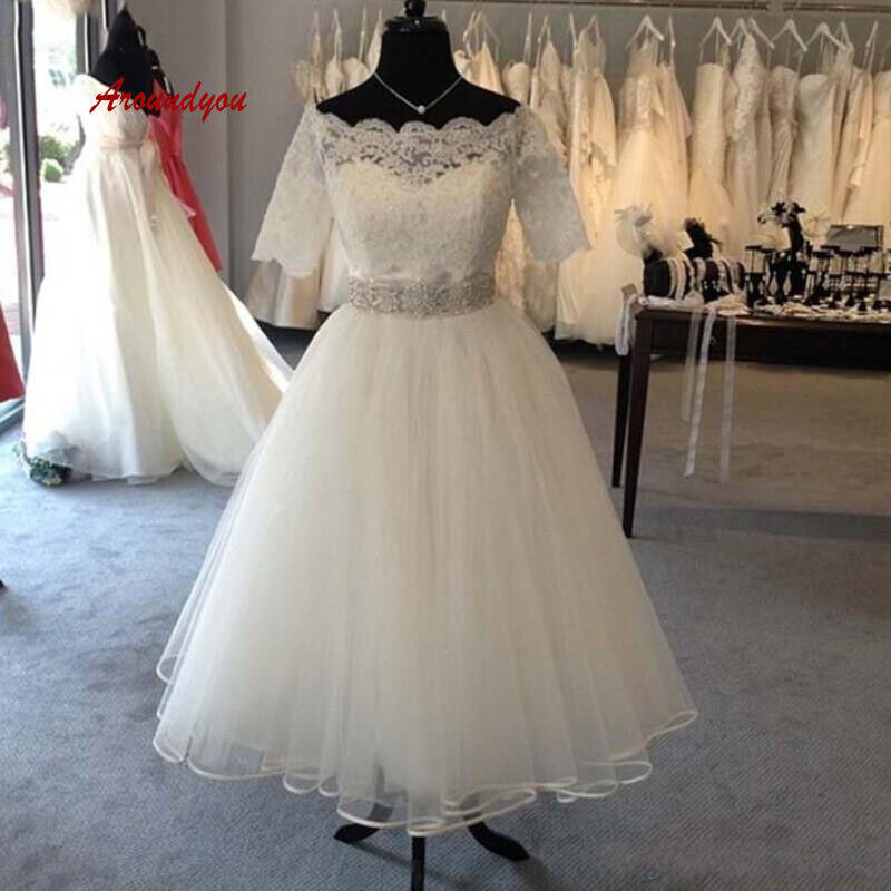 1950s Vintage Wedding Dresses Tea Length Half Sleeve Short Bridal Gown Plus Size