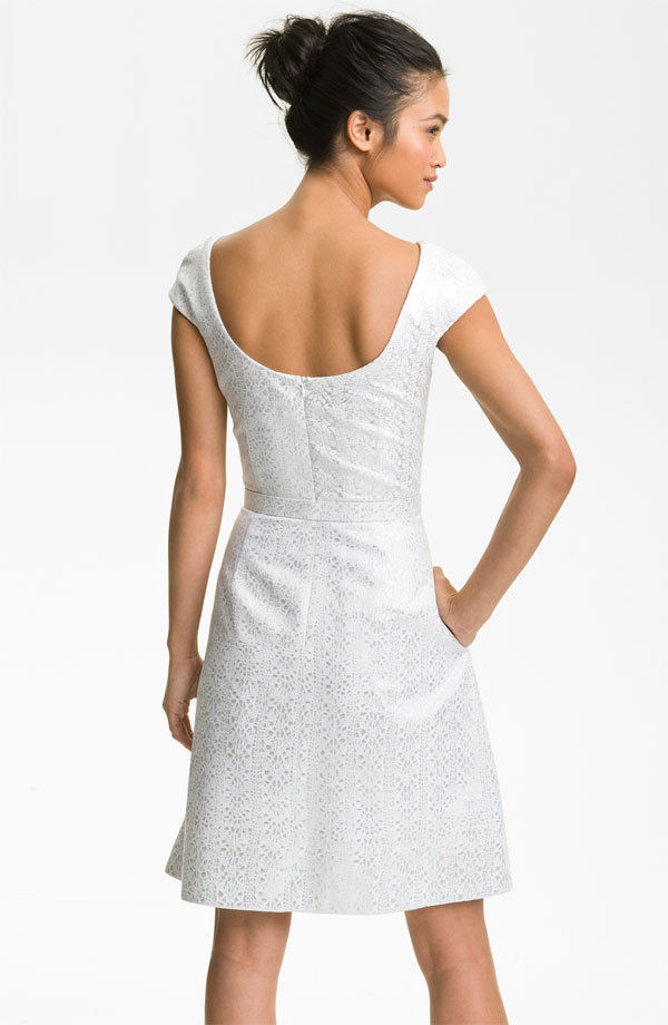 THEIA Cap Sleeve White Jacquard Fit & Flare Dress Wedding – NWT Size 4 $495