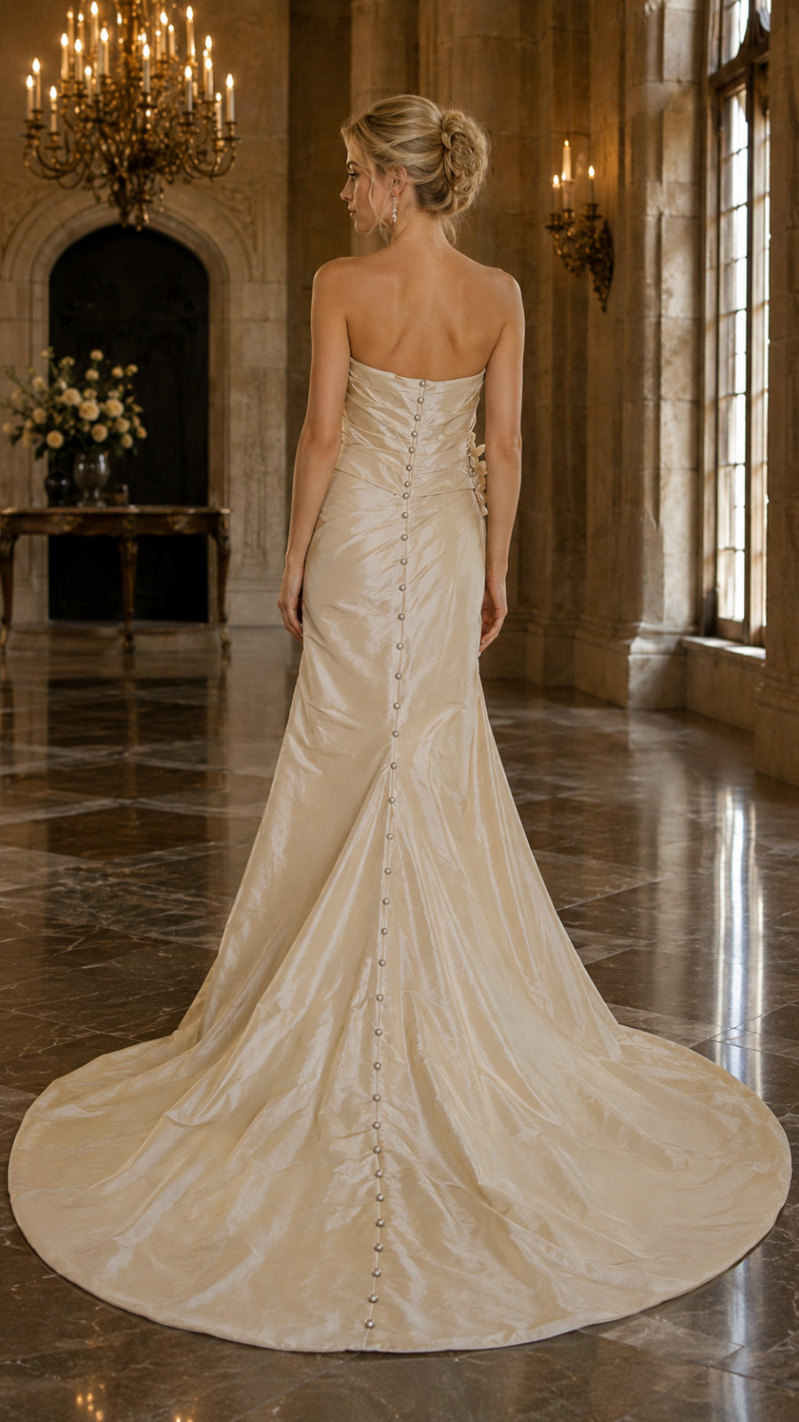 Gold Satin Wedding Dress Strapless Ruching Side Drape & Dangles Pearl Buttons