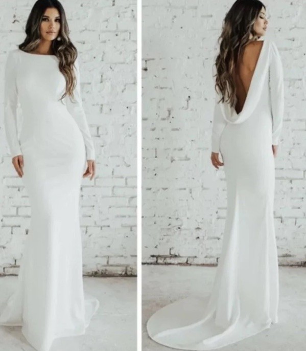 NOEL & JEAN KATIE MAY Cowl Back Long Crepe Wedding Gown Dress Off-White 12 NWT
