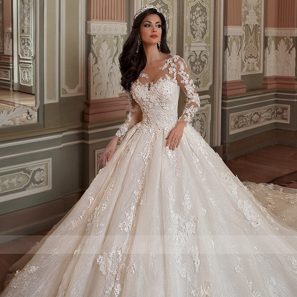 Luxury Ball Wedding Dresses Long Sleeves Applique Princess Bride Gowns