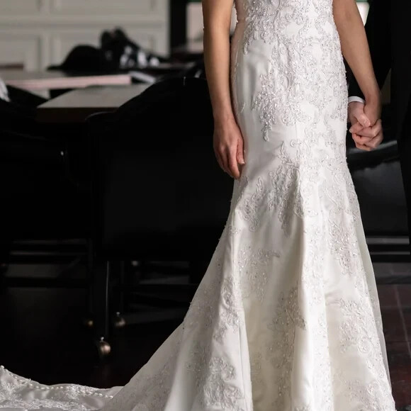 Oleg Cassini Ivory Satin and Beaded Wedding Gown (Price reduced)