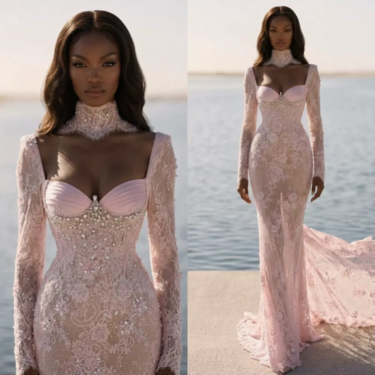 Luxury Mermaid Wedding Dress Square Neck Long Sleeves Lace Crystals Bridal Gowns