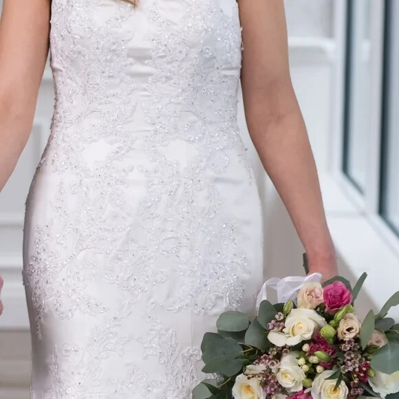 Oleg Cassini Ivory Satin and Beaded Wedding Gown (Price reduced)